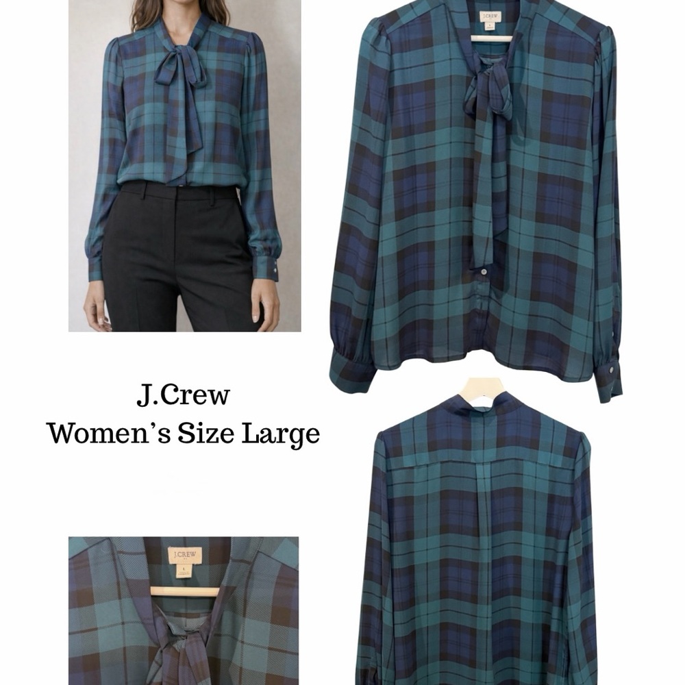J. Crew Women’s Teal and Navy Plaid Bow-Neck Feminine Blouse